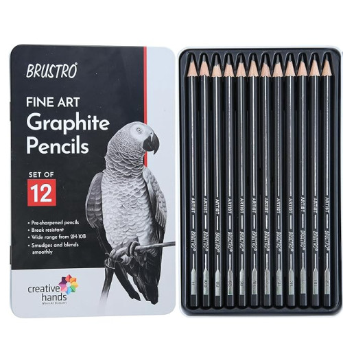 Brustro Artists Fineart Graphite Pencil Set of 12 (10B-2H) with Elegant Tin Box