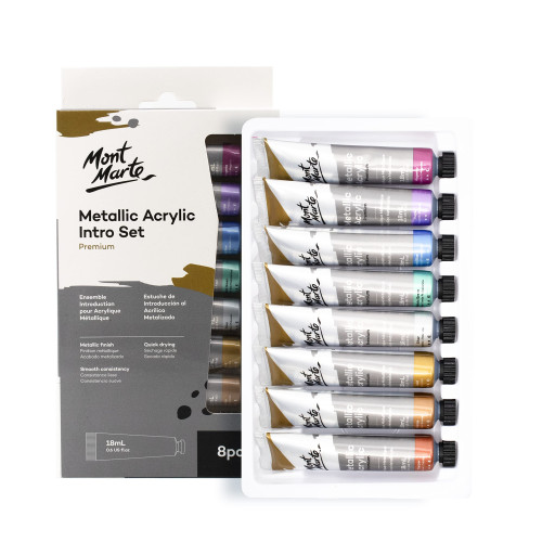 Mont Marte Premium Metallic Acrylic Paint Set - 8 Shades x 18ml Tubes